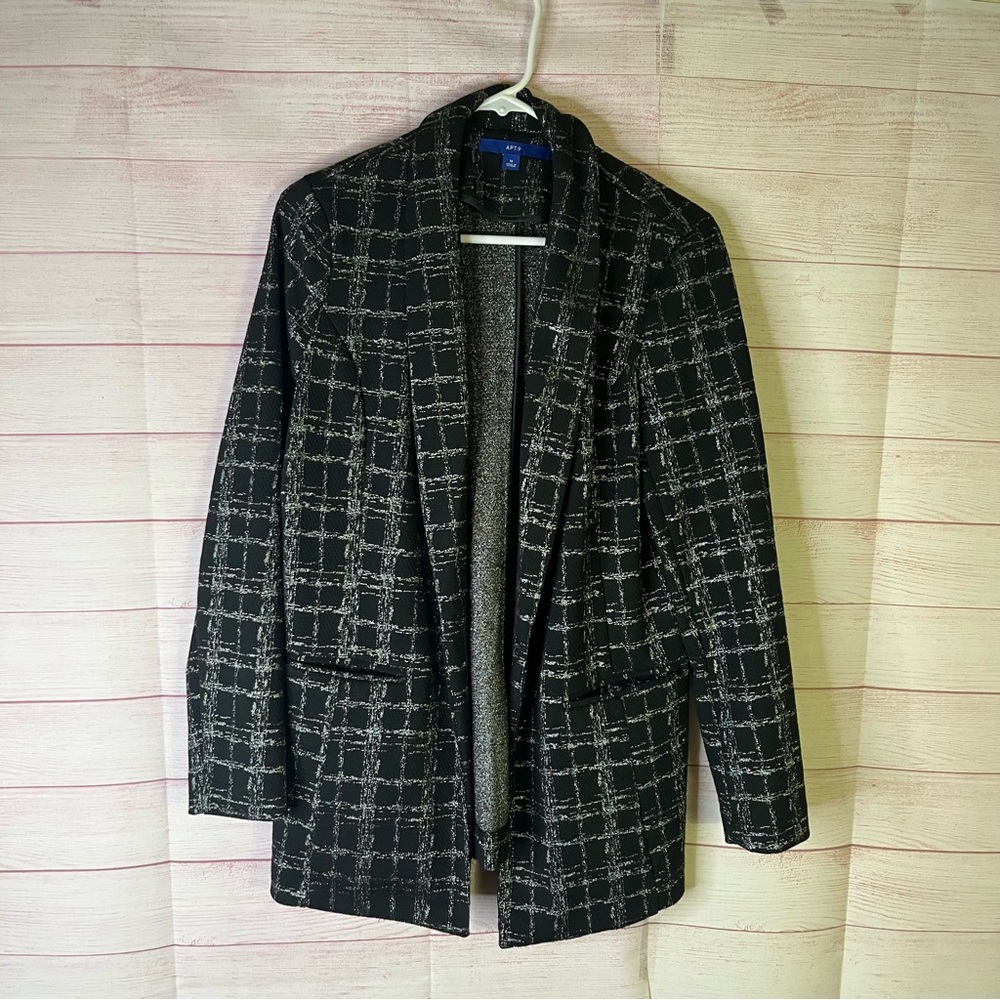 Apt.‎ 9 New Black Silver Metallic Stretch Knit Open Front Pocket Blazer Size Med